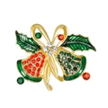 Detail of Christmas bell brooch with holly leaves and red green rhinestones on gold base - Christmas Bell