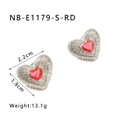 Silver heart stud earrings with red gemstone and textured metal finish, 2.2cm x 1.9cm - Silver Heart Red Gemstone Style (NB-E1179-S-RD)