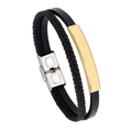 Men's braided black leather bracelet featuring a gold bar and silver stainless steel clasp - Electroplated Gold
