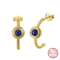 Elegant 925 sterling silver gold hoop earrings with turquoise stones and charms - Blue Round Stone Stud - Gold