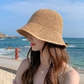 Women's minimalist straw bucket hat for summer beach sun protection with woven detail - M (56-58cm) / Khaki