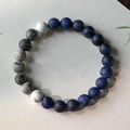 Bracelet en agate bleue et turquoise blanche avec perles d'agate veinées de gris - 8mm/Pin Blanc Mat+Carte+Ancienne Veine Bleue Nouveau