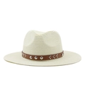 Detail of straw fedora hat featuring brown leather band with silver metal studs - Creamy White
