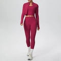 Close-up of berry red high-elastic yoga set showing zipper jacket and sports vest texture - Rouge Red