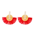 Bohemian gold fan tassel earrings with white pearls and vibrant red silk fringe - Red