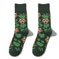 Detailed view of green cotton crew socks with cartoon tiger and tropical leaf pattern - One Size / Dark Green Tiger Head Style (A1181)