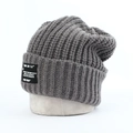 Gray chunky knit beanie for women with a vintage black letter patch on the side - Gray