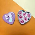 Purple heart-shaped metal gift box with 6 pink soap roses and a decorative ribbon - 6 Pieces / Pink Mix