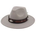 Classic light grey wool felt fedora hat with brown leather band and silver buckle - Light Gray