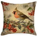 Vintage Christmas pillow cover featuring a cardinal bird on holly berry branches - YMD511-3 (Cardinal Bird & Berries)
