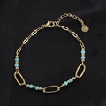 Vintage gold titanium steel bracelet with turquoise beads and S.steel tag details - Big Ring Blue Beads Chain B02015G-9