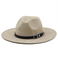 Classic beige suede fedora wide brim hat with black leather belt and silver buckle detail - M(56-58cm) / Beige