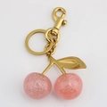 Pink glitter cherry keychain with gold spring clasp and resin leaf charm for bags - Pink Cherry with Bronze Gold