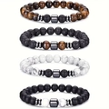 Men's 8mm beaded bracelet set featuring tiger eye, lava rock, and white turquoise stones - 4Pcs Tiger Eye+Howlite+Lava+Matte Set