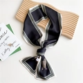 Elegant striped skinny silk scarf in black and green with vintage floral pattern - Saddle Black