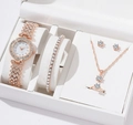 Rose gold 6-piece watch set with crystal-encrusted bezel and matching jewelry gift box - Rose Gold Set 2 (Orange Box)