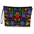 Borsa da trucco in tela nera con vivace motivo floreale messicano Otomi e cinturino - Stile 1-Sfondo Nero con Stampa Simmetrica di Fiori e Uccelli