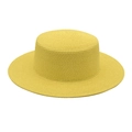 Detailed view of yellow flat top straw boater hat with fine woven texture and wide brim - M (56-58cm) / Neon Yellow