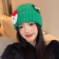 Green knit Christmas hat for women featuring Santa Claus and Xmas tree decorations - 3556-Santa Claus Style / Green