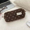 Astuccio di peluche marrone in morbido pile con motivi floreali e cerniera lampo - Marrone (Floreale Bianco)