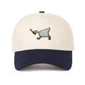 Detailed embroidery of a goose holding a knife on a navy and cream panel baseball cap - Beige/Navy Blue