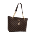 Borsa tote marrone scuro con motivi floreali dorati e ciondolo a cervo elegante - Marrone