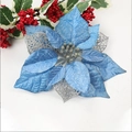 Fleur de poinsettia artificielle à paillettes bleu et argent pour sapin de Noël - Bleu Ciel