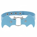 Close-up of light blue PU leather choker with cat-ear ring and bat wings detail - Sky Blue