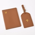 Brown PU leather travel set with passport holder and luggage tag featuring gold plane - Light Brown Airplane