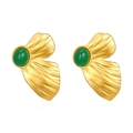 Detail of gold square earrings with striped texture and green gemstone inlay - Butterfly Wing Stud Earrings Gold (MS-444)