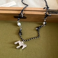 Vintage horse tassel pendant necklace with black and white woven rope and silver charms - Silver Bird Pendant Black White Braided Rope Necklace (34#)