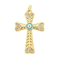 Detail of a gold-plated cross pendant featuring a blue evil eye and sparkling crystals - Pendant 12 (Gold Multi Evil Eye Cross)