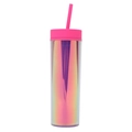 Modern 16oz iridescent double-walled plastic tumbler with pink lid and matching straw - 16oz / Rose Red