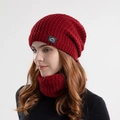Winter thermal knit beanie and scarf set in wine red with sport patch - Burgundy