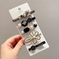 5-piece pearl hair clip set with bear chain and velvet rose designs in black and gold - Black Bear 5-Piece Set / Black White Gold