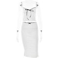 Two-piece white set with black polka dots, crop top and midi skirt with ribbon accents - S / Polka Dot