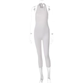 Vooraanzicht van witte mouwloze slim-fit jumpsuit met hoge taille en strikdetail - S / Grijs
