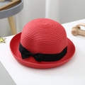 Kids bright red straw dome sun hat with black bow ribbon and fine spiral stitching - S (52-54cm) / Red