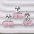Pink translucent cherry fruit pendant with silver metal leaf and white rhinestones - Style 51