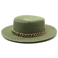 Flat top straw sun hat in olive green with a chunky gold chain trim for beach holidays - Dark Green