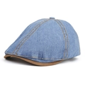 Vintage-Schiebermütze aus Denim mit orangefarbenen Nähten und brauner Wildlederkrempe - Blauer Denim Mit Braun