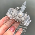 Detailed view of handmade silver crystal moon hair comb with raw quartz and white pearl - Hair Comb / White