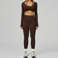 Ensemble de yoga marron café sans couture avec legging taille haute et haut court - S / Long Sleeve+Leggings - Coffee Brown