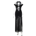 Dettaglio dell'abito lungo nero con spalle scoperte, cuciture in mesh e design arricciato - S / Nero