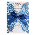 Sparkly blue laser-cut wedding invitation with a satin bow and elegant floral insert - Royal Blue