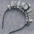 Detail of handmade black moon headband with raw white quartz crystals and wire wrapping - Black Headband/Small Black Moon/White Crystal