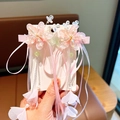 Pink floral hair clips with white pearls and long tassels for girls traditional hanfu - Large Pink Flower Ribbon Clips