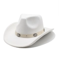 Detailed side view of white western cowboy hat featuring vintage silver floral buckles - White