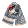 Detail shot of blue, red, and beige abstract pattern scarf with fine edge stitching - Extended Version / Red Blue White