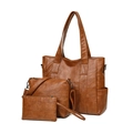 Brown 3-piece faux leather tote bag set including handbag, crossbody bag and clutch purse - Brown